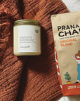 Herbst - Set Musselin Decke, Orange Blossom Kerze & Chai Tee